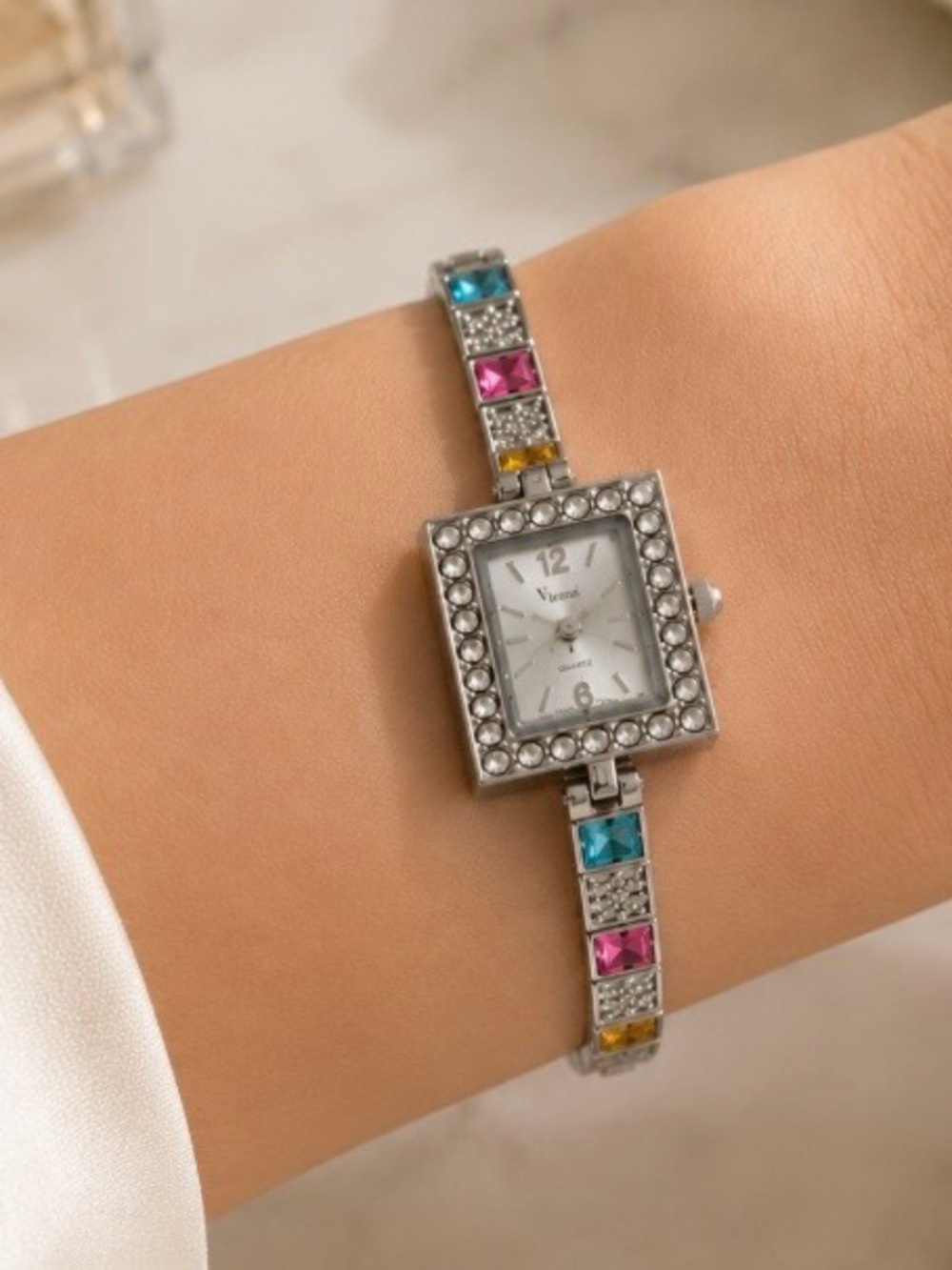 Vivani Womens Bracelet Watch Silver Tone Crystal Accent Multicolor Quartz READ